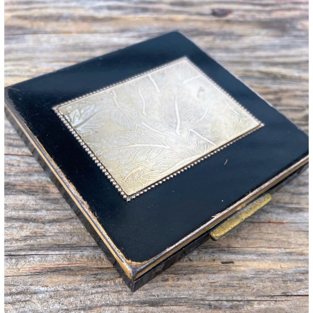VIntage 1940s Black Enamel Brass Powder Compact With Mirror